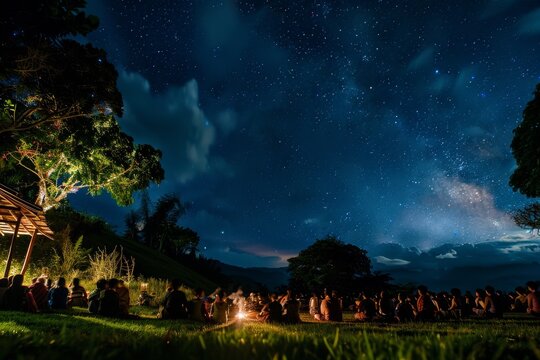 People gathered around campfire, enjoying night sky full of stars, Watching a traditional cultural performance under the stars