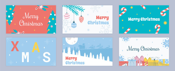 Merry Christmas cover template for social media. Xmas greeting cards with abstract festive fir trees, pine branches with balls, candy, gifts, winter forest with Santa Claus sled. Vector illustration.