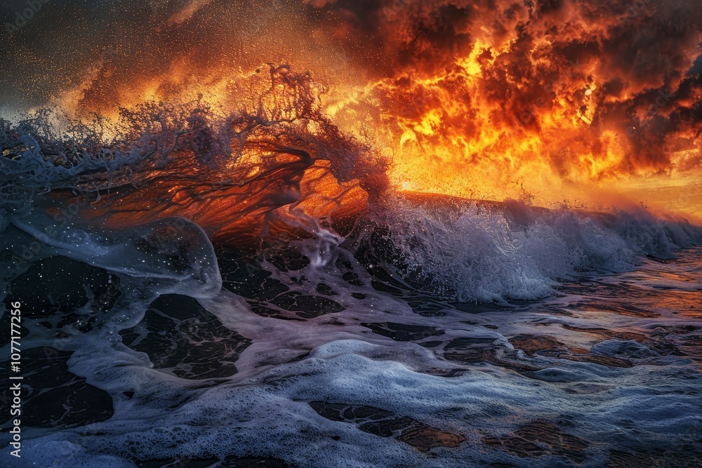 Poster a dynamic image of a fierce wave crashing into the ocean under a fiery sun, waves crashing against t