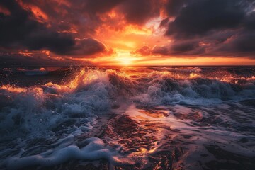 Fototapeta premium Setting sun casting fiery hues over ocean waves crashing against shore, Waves crashing against the shore under a fiery sunset
