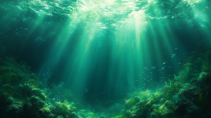 Fototapeta premium Breathtaking underwater scene with sunlight filtering through water, illuminating vibrant marine life and lush vegetation. serene and tranquil atmosphere