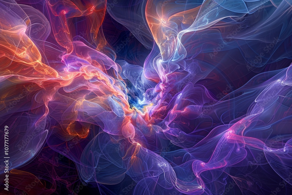 Poster computer-generated illustration of vibrant, colorful smoke creating pulsating waves of energy in a d