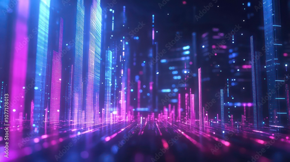 Poster an abstract futuristic cityscape with glowing neon lines and a blurry background.