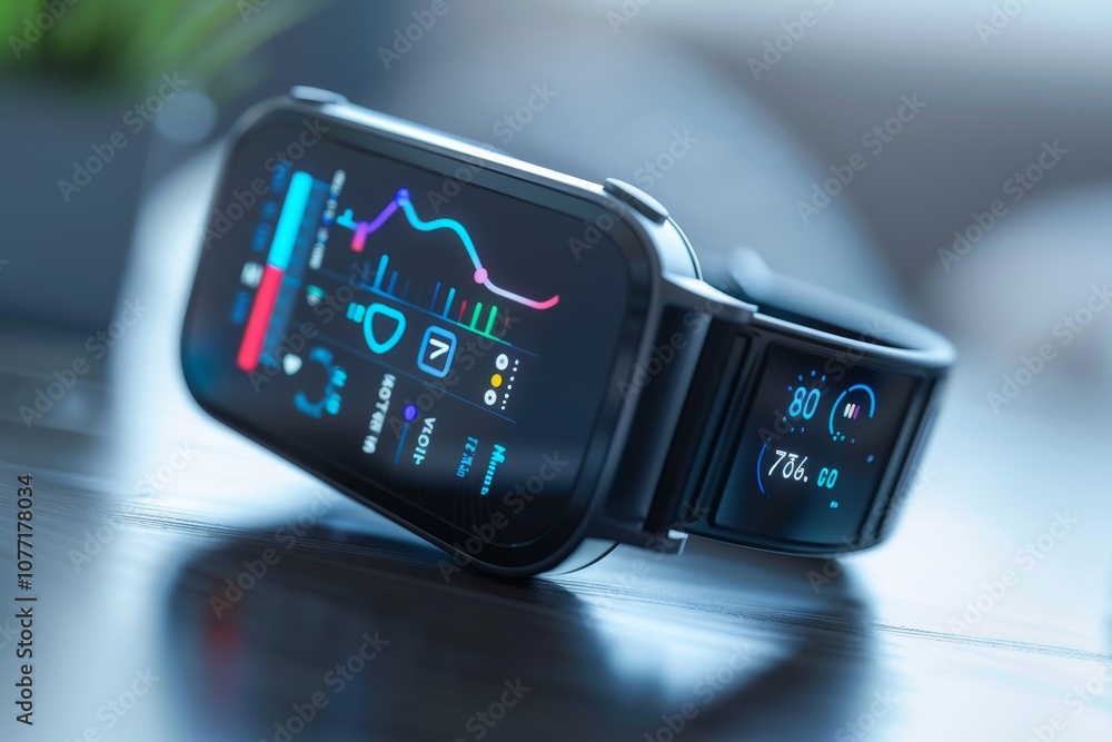 Poster close-up of a modern smartwatch displayed on a table, showcasing its design and features, wearable h