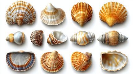 Beautiful collection of realistic seashells in various shapes and colors, showcasing intricate patterns and textures. Perfect for marine themed designs or decor