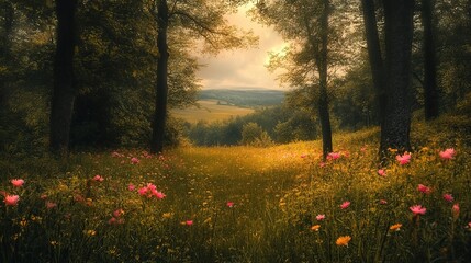 Obraz premium Rolling hills, tall trees, distant horizon, vibrant flowers, soft winds.