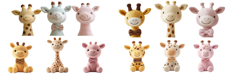 Naklejka premium Soft plush giraffe toys in various colors and expressions, perfect for children. These adorable stuffed animals bring joy and comfort to any child’s room. isolated cut out PNG on transparent