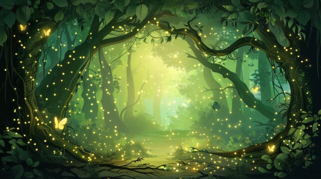 Magical Fairy Circle in Enchanted Forest with Glowing Lights and Butterflies
