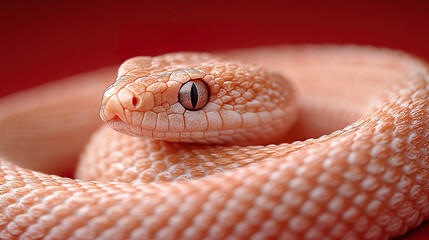 Obraz premium Close-up of albino snake on red background with intense eye detail. AI-generated