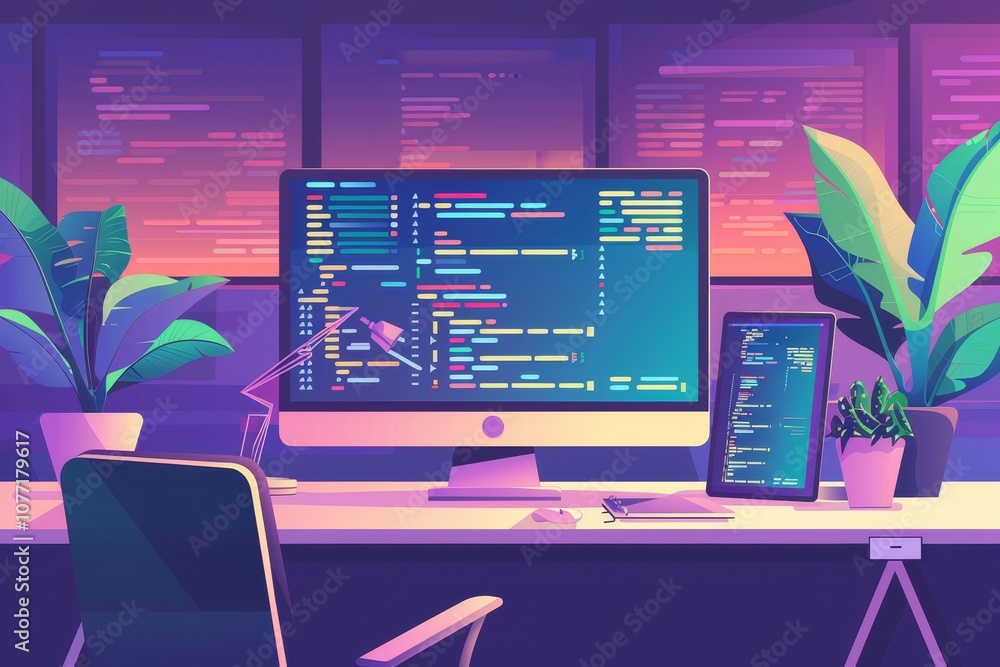 Poster A desktop computer is placed on top of a desk in an office setting, Web development. programming languages