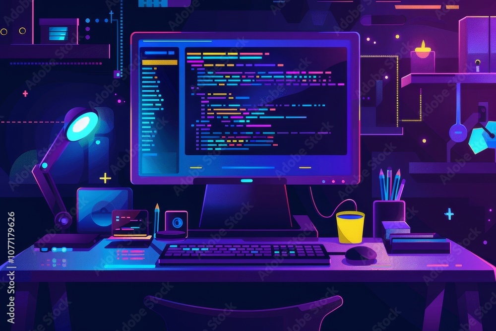 Poster A desktop computer is positioned on top of a desk in a room, Web development. programming languages