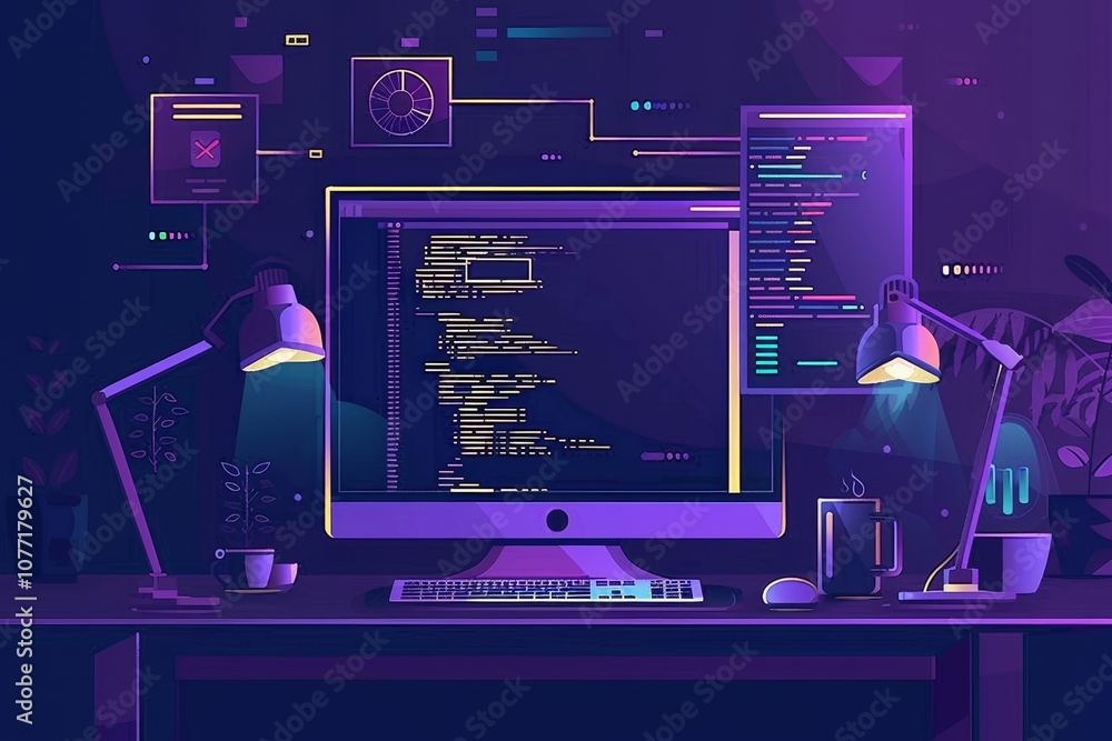 Poster A computer monitor placed on top of a desk, Web development. programming languages