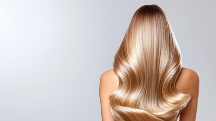 Naklejka premium Long Blonde Hair with Smooth Waves and Glossy Finish, Back View on Light Background
