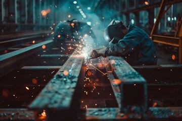 Welders working on a piece of metal, sparks flying as they join metal beams in a factory, Welding sparks flying as workers join metal beams together