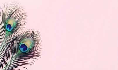 Obraz premium A single peacock feather displays its stunning hues of blue and green, elegantly positioned against a soft pastel green backdrop, highlighting its intricate details and beauty