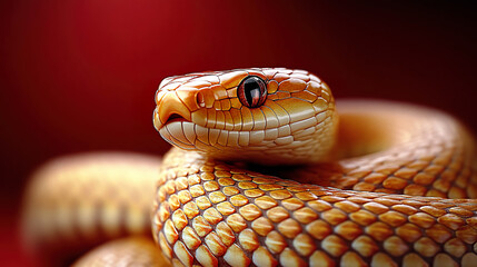 Fototapeta premium Close-up of realistic golden-brown snake with intense gaze on red backdrop. AI-generated