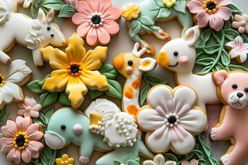 A close up view of a plate filled with whimsical cookies shaped like animals and flowers, Whimsical cookies shaped like animals and flowers