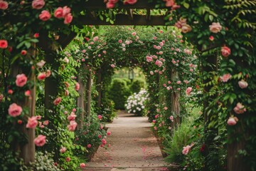 Fototapeta premium Pathway in a garden lined with blooming pink roses, Whimsical garden setting complete with blooming roses and ivy-covered archways