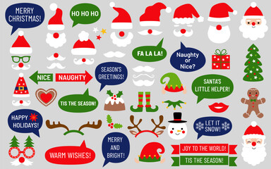 Christmas vector party props, Santa Claus and elf hats, speech bubbles with holiday greetings, design elements