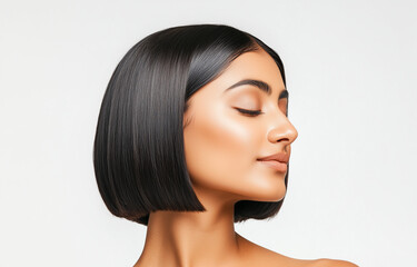 Obraz premium An Indian woman in her late 20s with a sleek, side-parted bob haircut, gazing gently downward, skin care concept