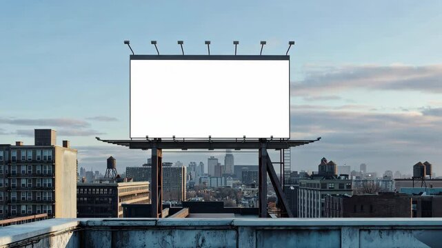 A large blank billboard on the roof of a building overlooking the city.