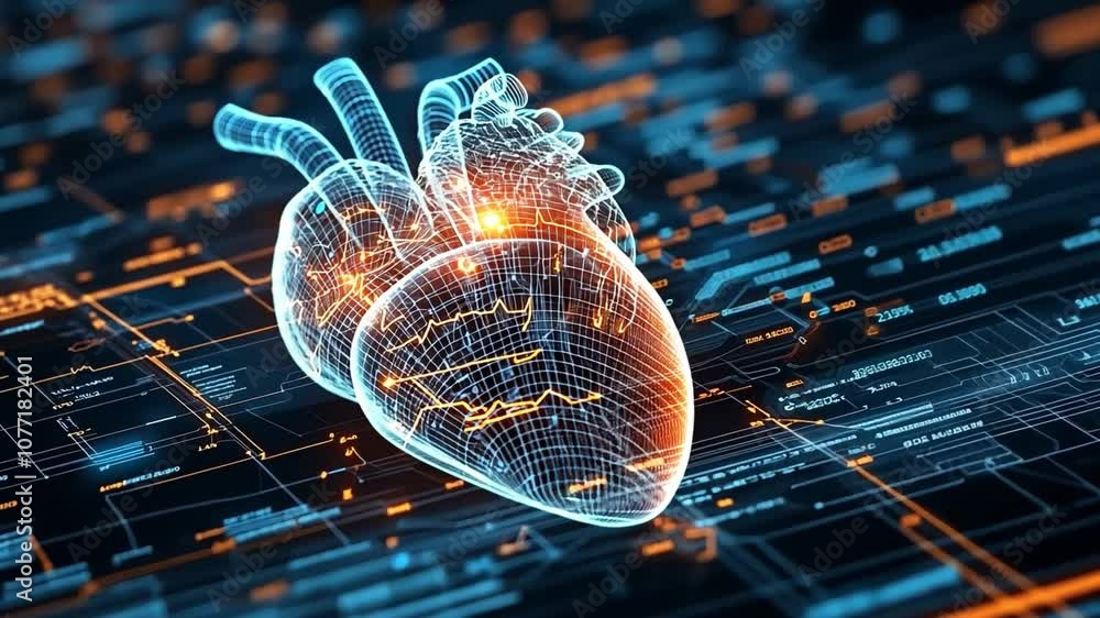 Poster digital representation of a human heart with glowing elements and data overlay in a modern design