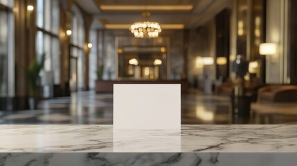 Blank card on a marble counter in a luxurious lobby.