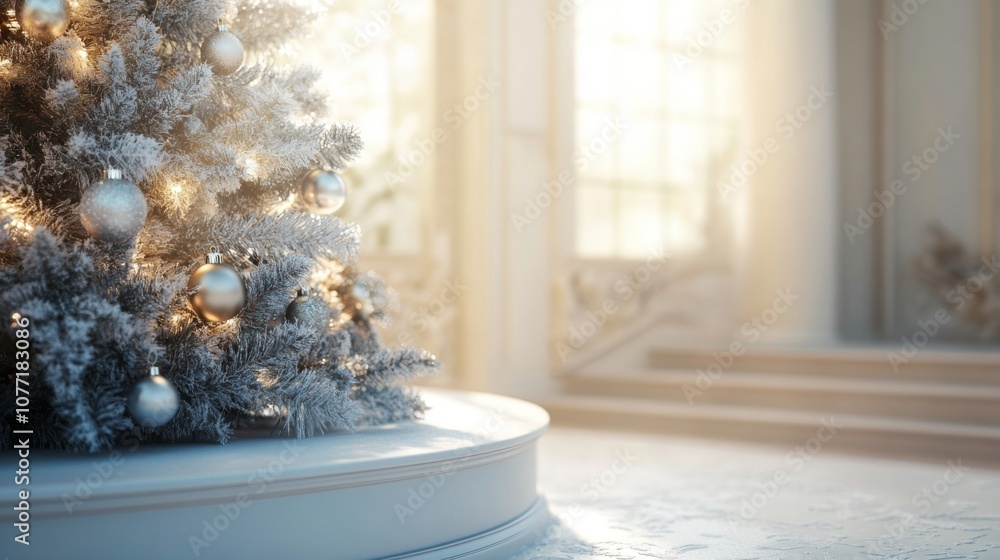 Poster a beautifully adorned christmas tree stands in an inviting indoor space, showcasing shiny silver orn