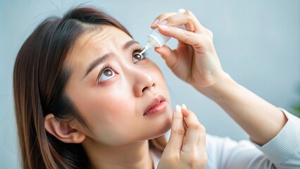 Fototapeta premium Eye Care and Treatment Concept – Asian Woman Using Medical Eye Drops for Dry Eye Relief and Irritation