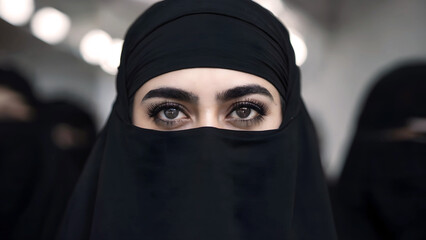 Naklejka premium Close-Up Photograph of Woman with Intense Eyes Wearing a Black Niqab, Surrounded by Blurred Figures in Background