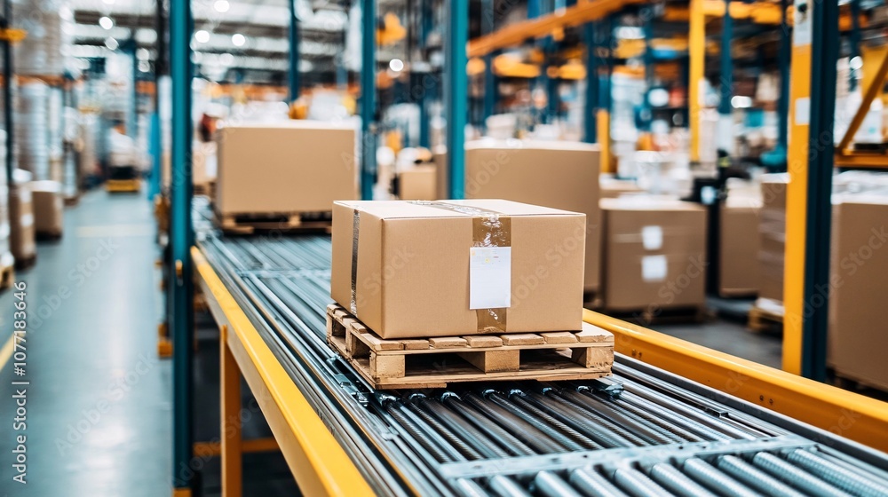 Poster efficient warehouse conveyor system transporting cardboard boxes on wooden pallets in a busy distrib