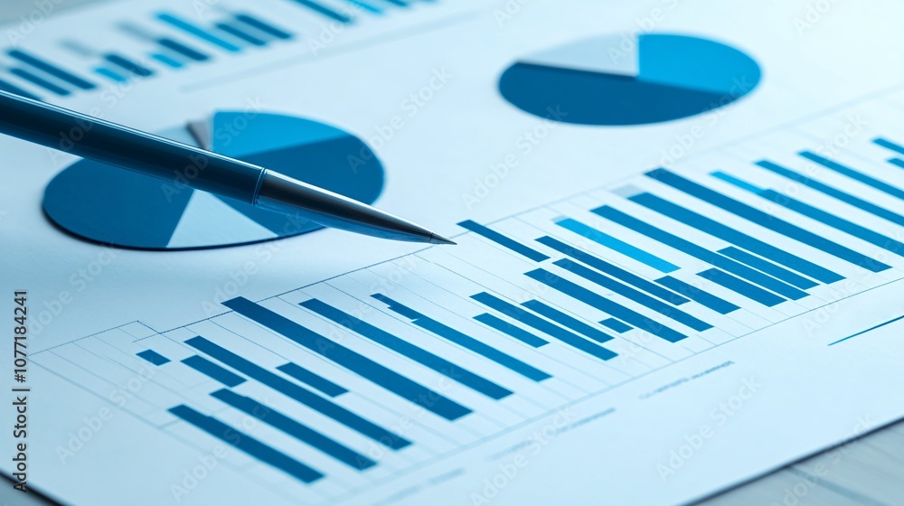 Poster analyzing business data through visual graphs and charts on paper with a blue pen in an office envir