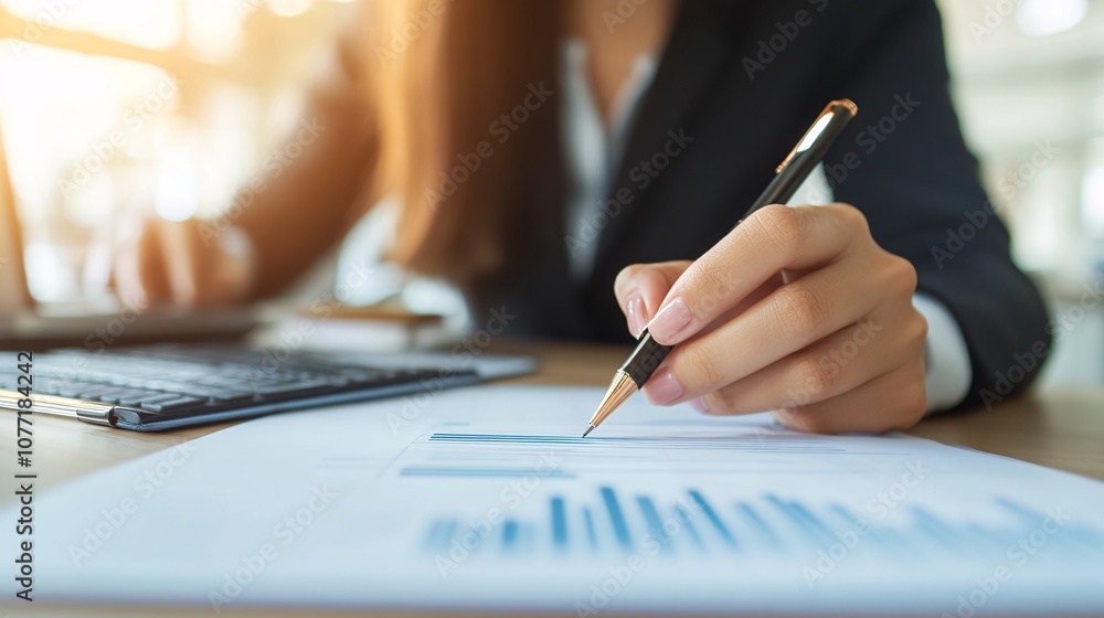 Aufkleber professional businesswoman analyzing financial charts with graphs and data on document while working