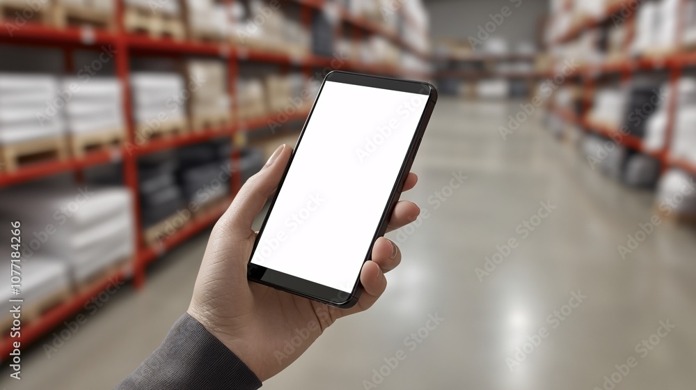Poster person holding blank screen of smartphone in warehouse setting highlighting technology use in logist
