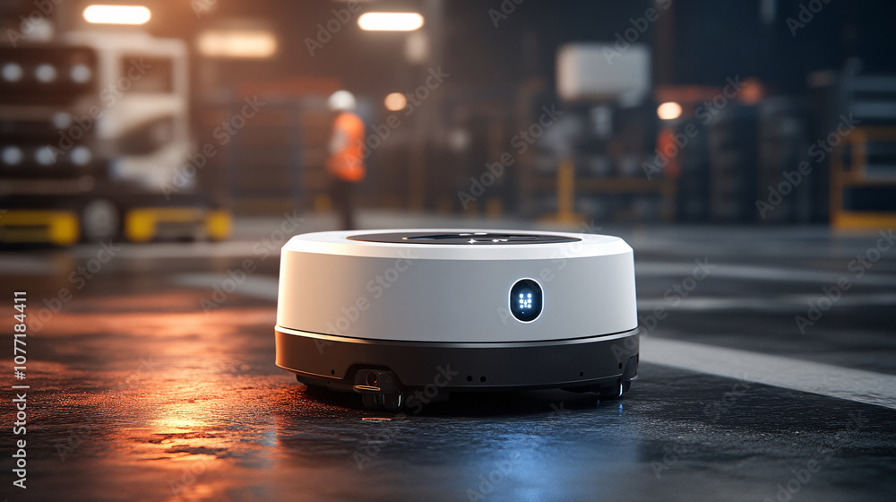 Poster advanced autonomous robot in modern warehouse setting with reflective floor and blurred worker backg