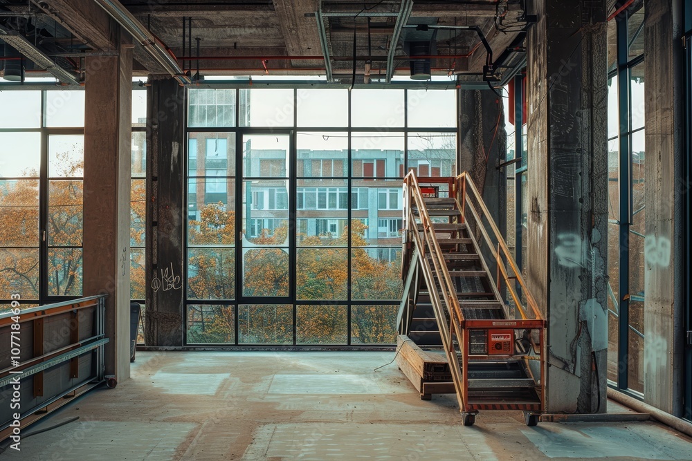 Poster an empty room with numerous windows and a staircase, windows being installed on each floor