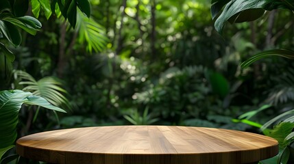 Fototapeta premium Empty product podium made from freshly cut tree stump set against a lush forest background