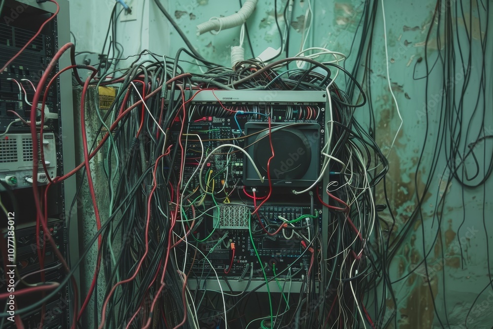 Poster a mess of wires scattered across a room surrounding a malfunctioning communication device, wires tan