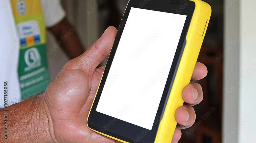 Poster modern handheld device with blank screen held in hand of worker, perfect for displaying digital cont