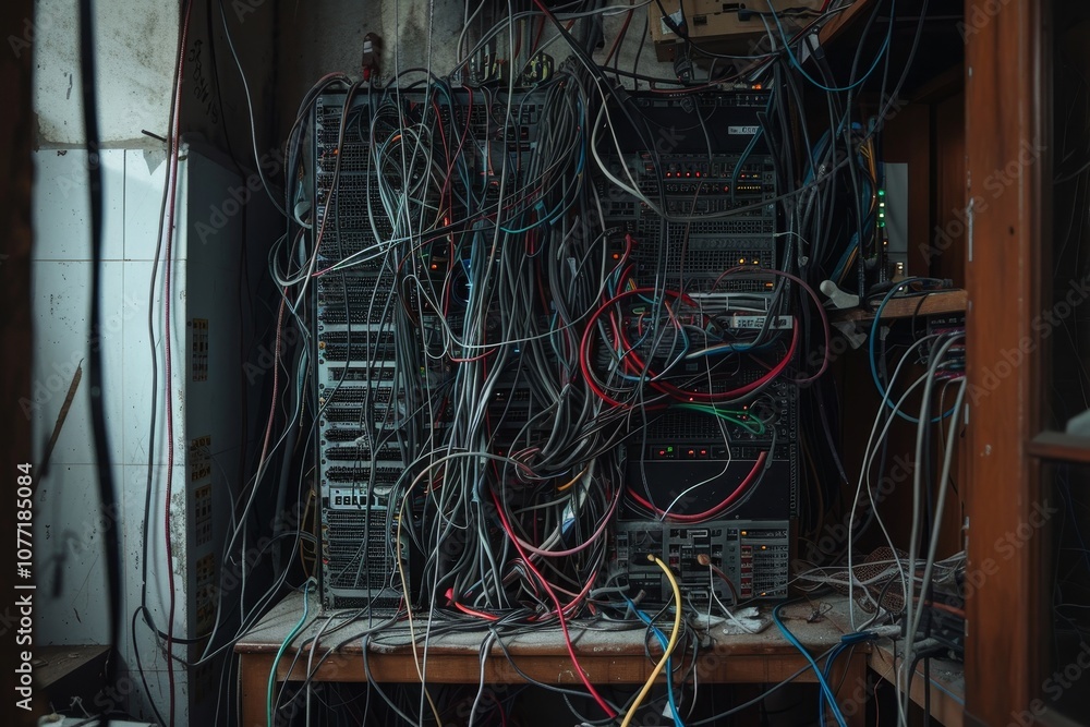 Aufkleber numerous wires tangled in a mess around a malfunctioning system in a room, wires tangled in a mess a