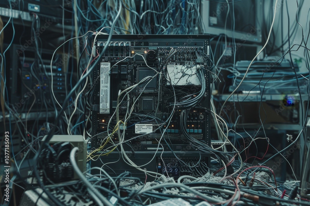 Aufkleber numerous wires tangled in a cluttered room with a malfunctioning device in the background, wires tan