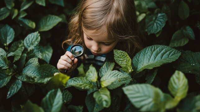 Young girl peering through leaves with a magnifying glass