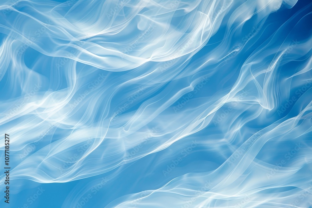 Poster a blue and white background with wave-like patterns resembling wisps of clouds in the sky, wisps of 