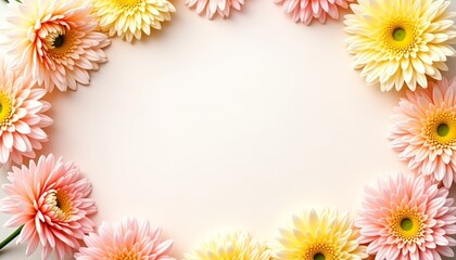 Fototapeta premium a frame of yellow and pink chrysanthemums, pastel colors, on a light background, with space for copying, a simple and delicate composition