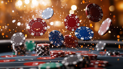 Colorful poker chips cascading over a casino table in a vibrant atmosphere filled with excitement and anticipation during a lively gaming session