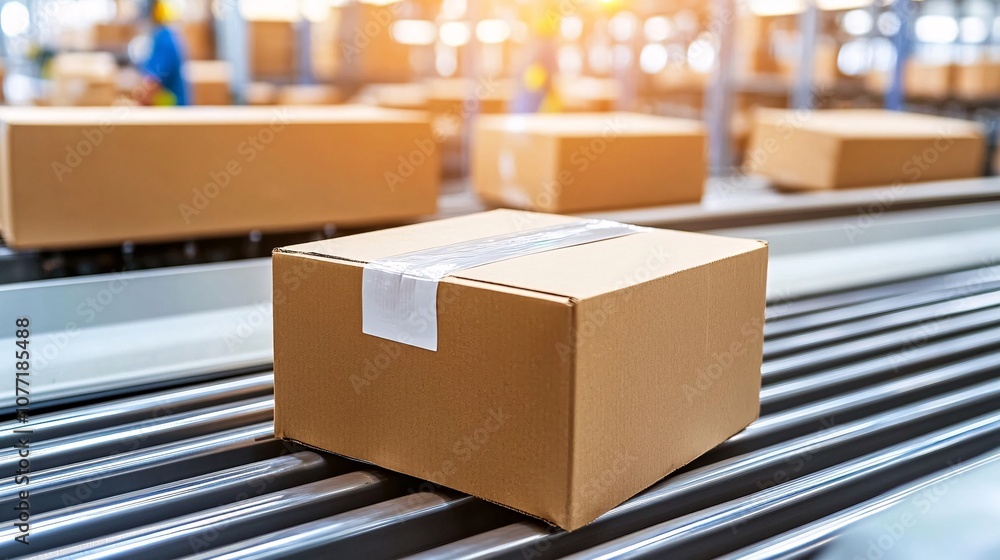 Poster brown cardboard box on conveyor belt in a busy warehouse environment with blurred background showing