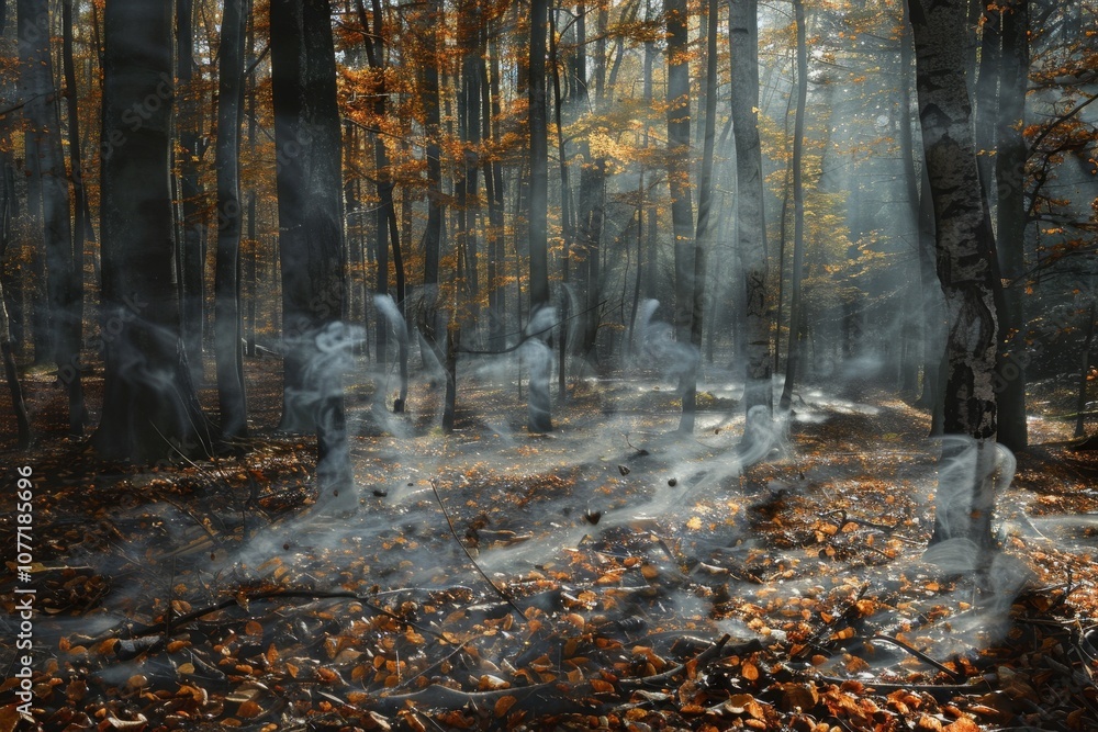 Aufkleber numerous trees in a fog-covered forest during autumn, wisps of mist floating through a forest of aut