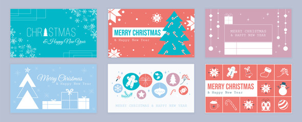 Merry Christmas cover template for social media. Xmas greeting cards with abstract decorative snowflakes, festive fir tree with candy canes, gifts, gingerbread, toys and balls. Vector illustration.