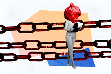 Composite photo collage of anonym girl instead head crumpled paper chain guilt punishment freedom...