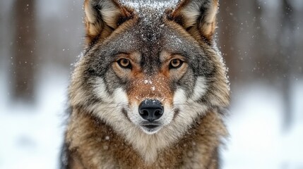 Obraz premium A lone wolf stares intently into the camera with a snowy forest background.
